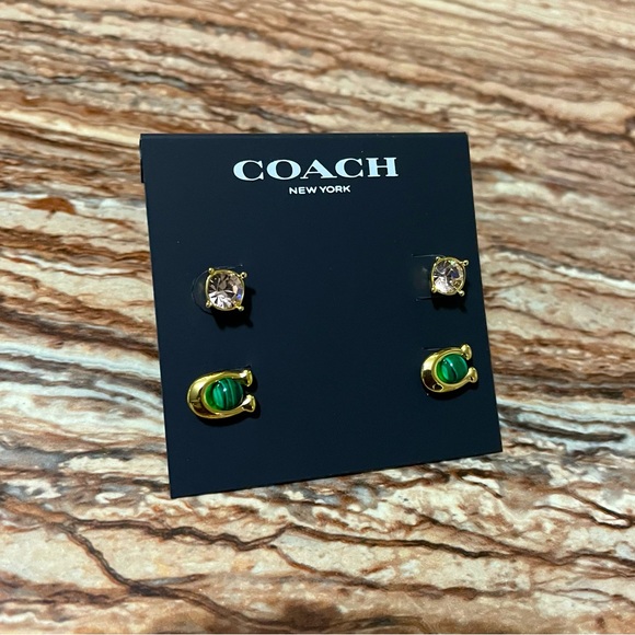 Coach Gold Signature C Emerald Green GemStone Crystal Stud Earrings - Picture 3 of 3